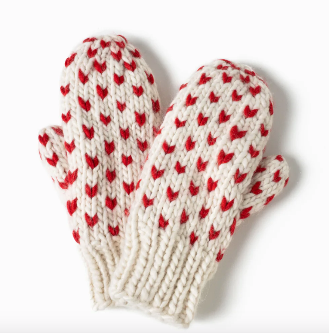 Hand-Knitted Mittens with Red Heart Stitching
