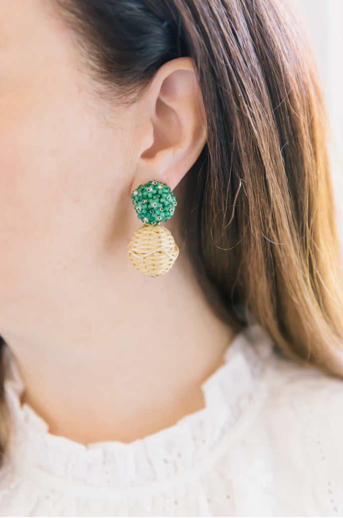 M Donohue Collection Green Rattan Ball Earrings